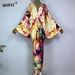 WINYI 2023 summer Retro Printed Party Long Dress Women Elegant kaftan Deep V Neck long Sleeve Dress Ladies Fashion Beach Dresses