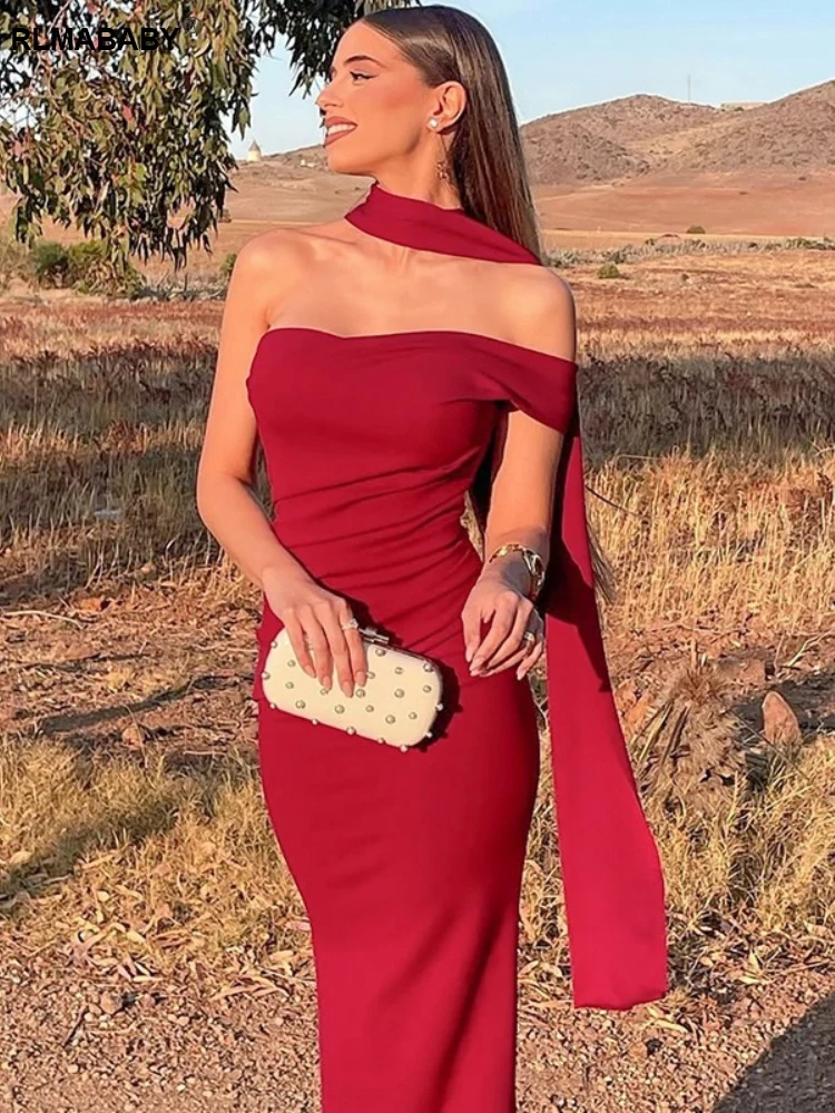 RLMABABY مثير واحد الكتف عارية الذراعين وشاح المرأة Bodycon فستان طويل ثوب بلا أكمام قبالة الكتف نادي حفلة أحمر غمد فستان ماكسي