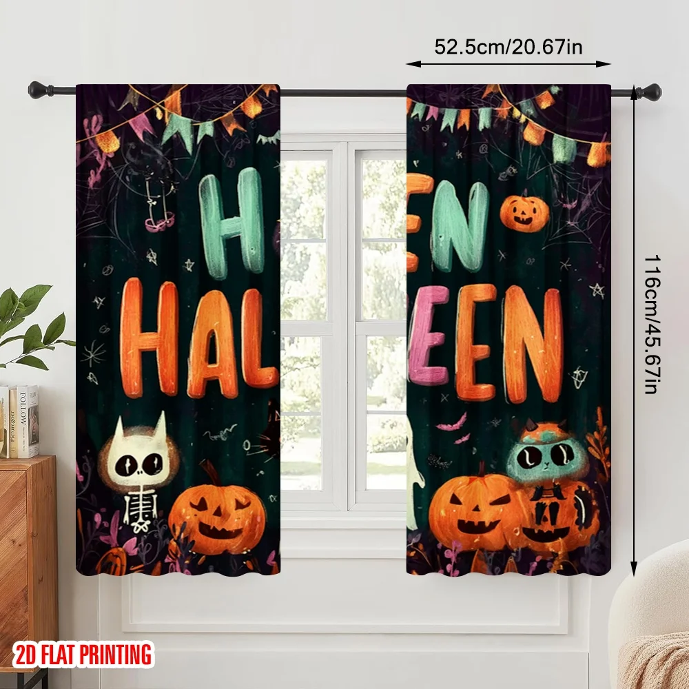 2pcs,2D plane printing Curtain Popular Halloween Spookfest 2D Printed Polyester Easy Install (without rod) Holiday Ldeal for