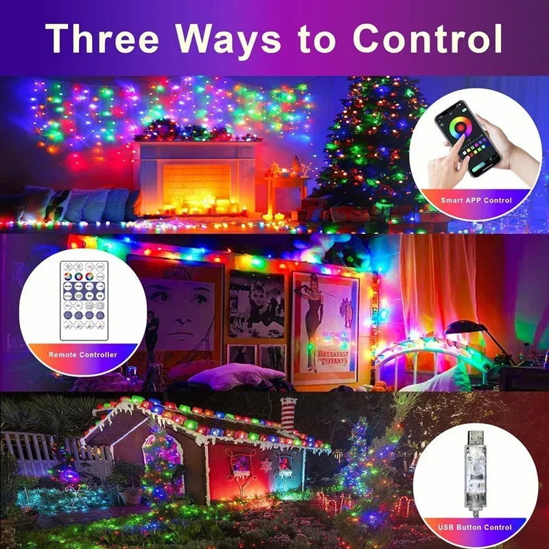 Cadena de luces LED para decoración de Navidad, tira de luces RBGIC con control por Bluetooth, para Navidad y Año Nuevo