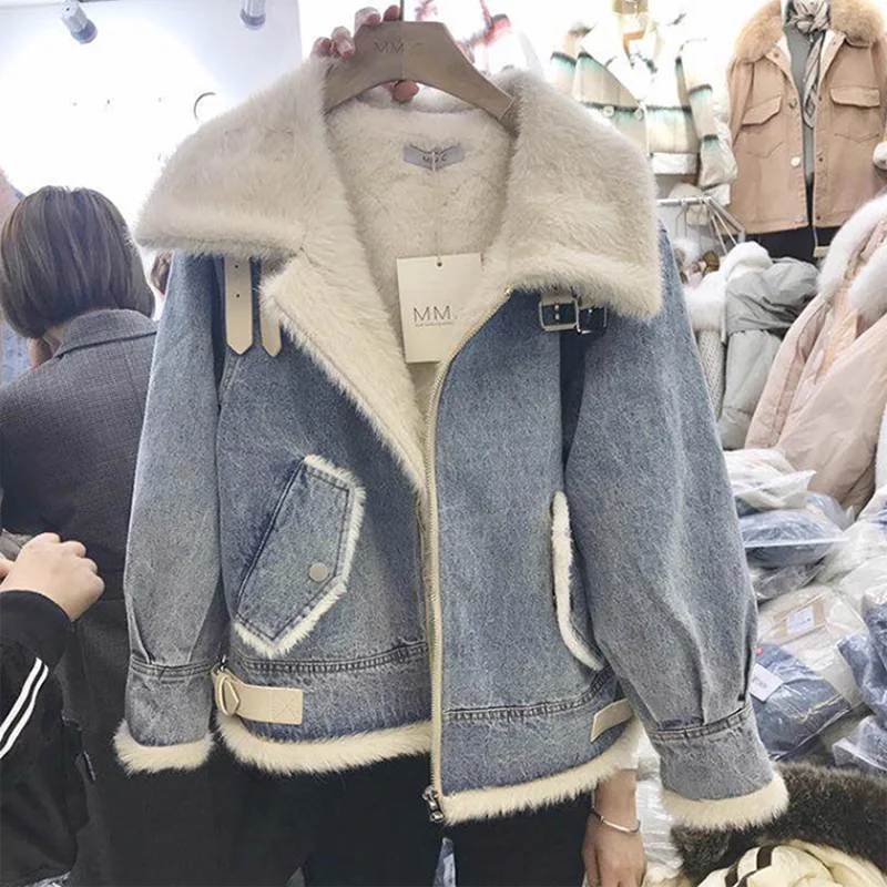 Casual Jeans Jacket Women Short Warm Parka Autumn Winter New Korean Loose Cotton-Padded Jacket Lamb Wool Jacket Thicke Tops