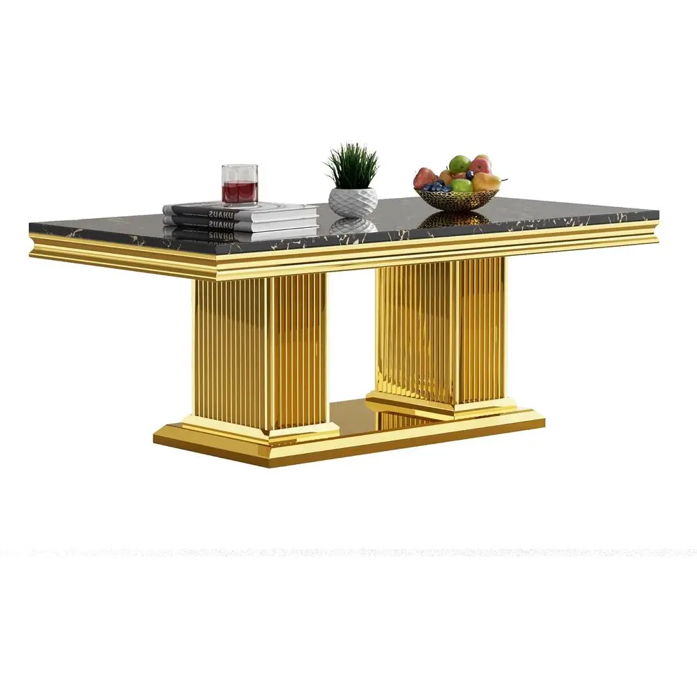 

Black Marble Coffee Table with High-Gloss Golden Pillar Stainless Steel Base, Rectangle Imitation Marble Top Cafe Table Center T