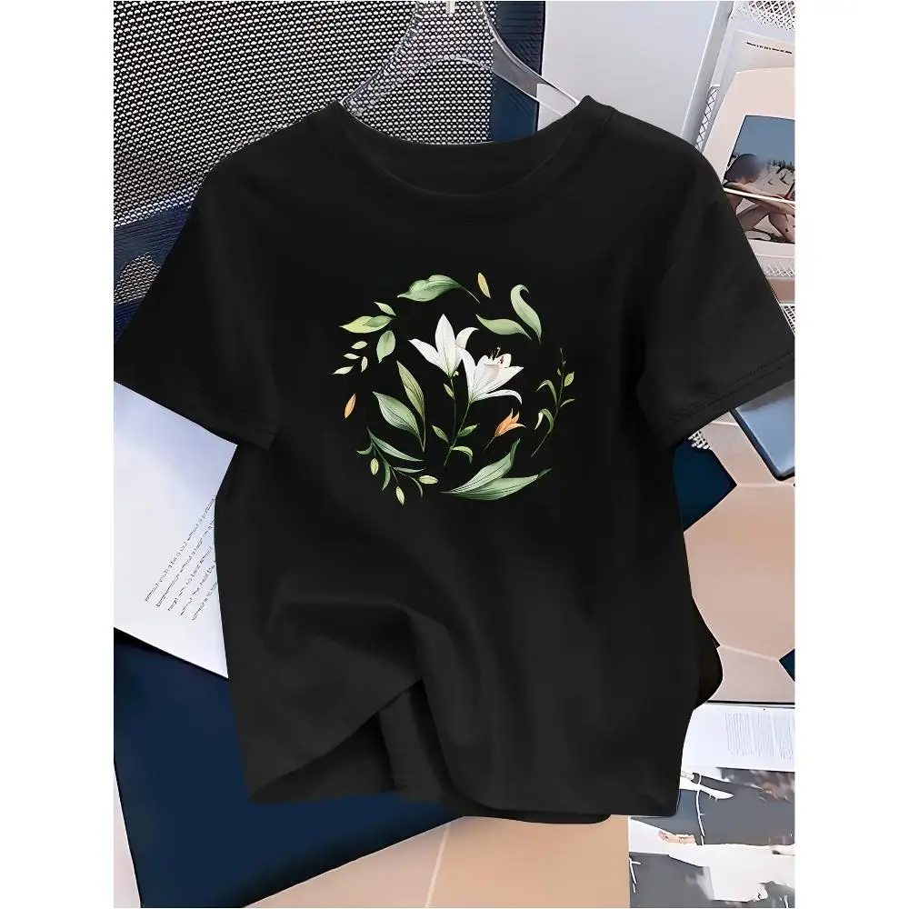 Ladies Vintage Botanical Print Floral T-Shirt Short Sleeve Round Neck Top Breathable Summer Casual H-Line Fit Geometric Pattern