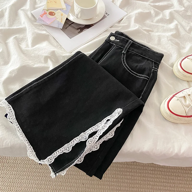 

Retro Women Denim Pants 2022 Fashion Lace Patchwork Straight Jeans Loose All-Match Split Wide Leg Trousers