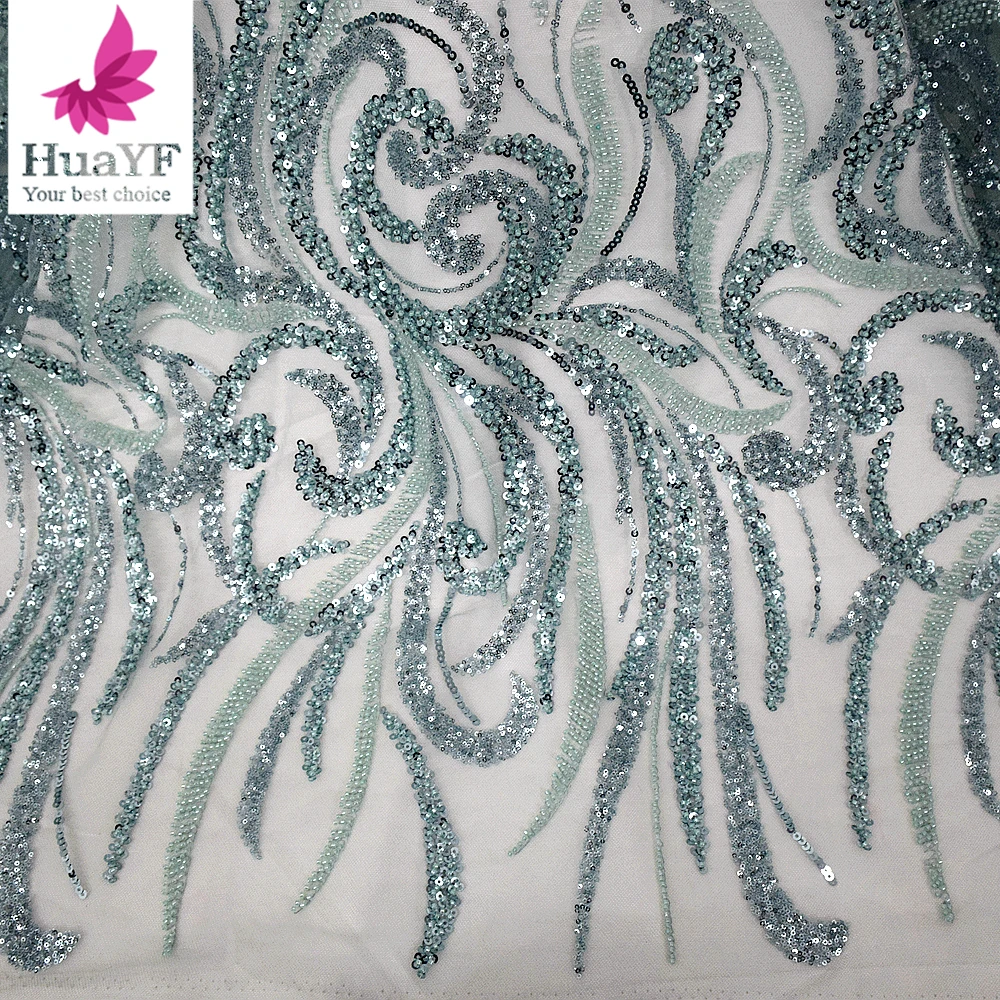 1 Yard French Mint Green Embroidered Lace Fabric with Beads and Sequin for Wedding Dress HY2493