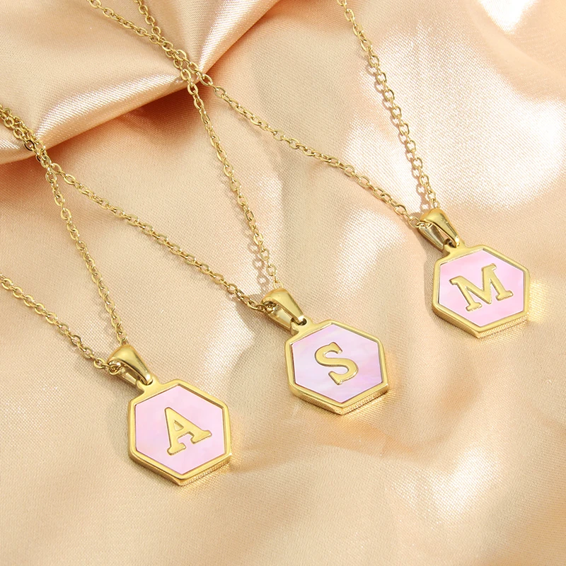 MHS.SUN Hexagon Pink Shell Initial Letter Pendant Necklace Stainless Steel Gold Plated Alphabet A-Z Choker Fashion Jewelry Gifts