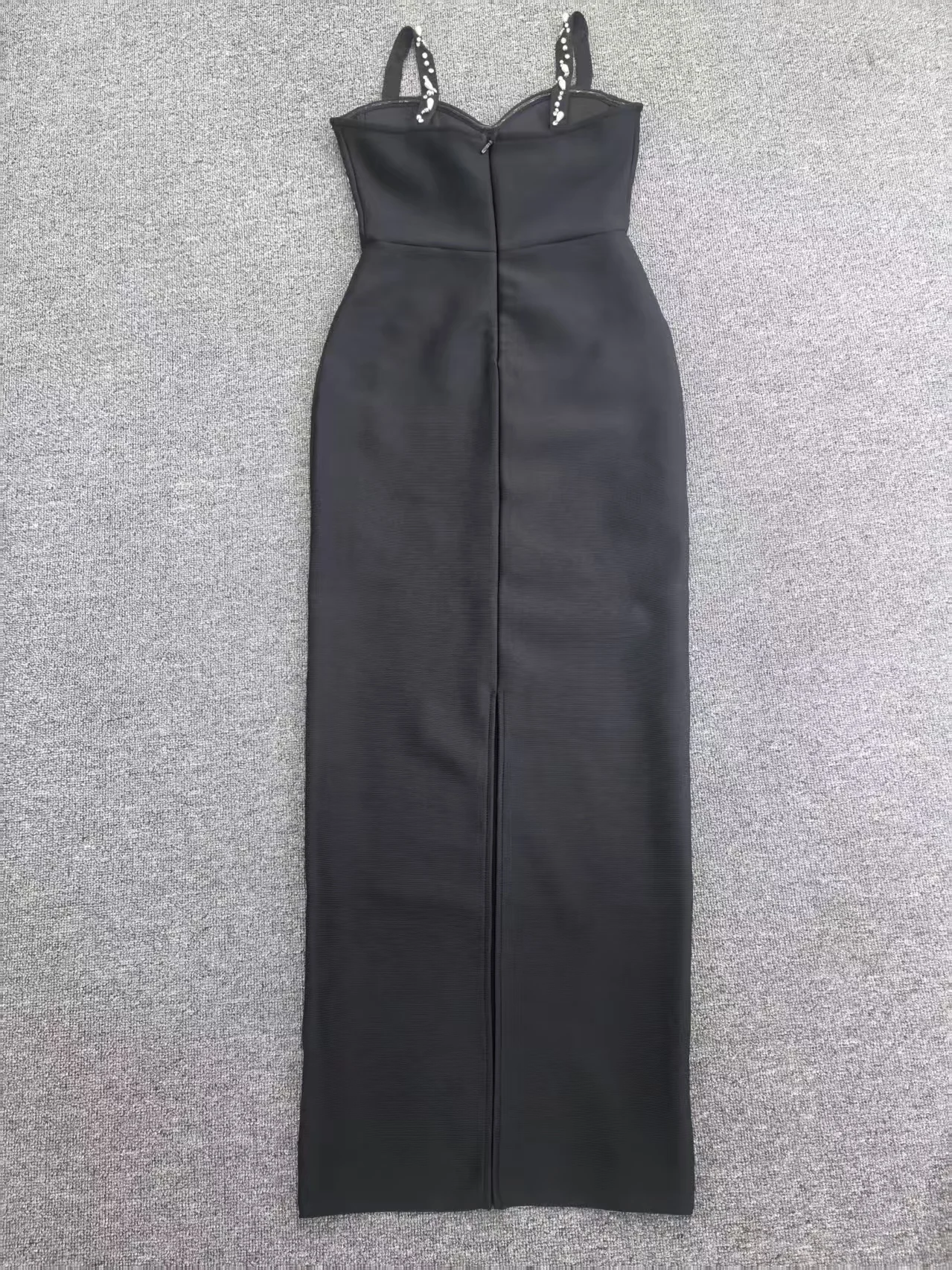 Women's Black Bandage Strap Gown with Sheer Mesh Cutout Crystal Bead Embroidery Thigh High Slit Formal Evening Dress​