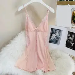 Summer Female Spaghetti Strap Nightgown Dress Sleepwear Lady Sexy Lace Nightgown Lingerie Satin Home Wear Dressing Gown