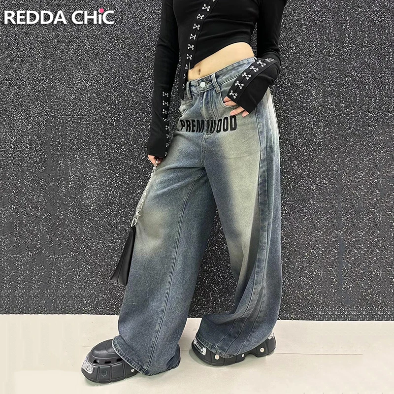 

ReddaChic джинсы-бойфренды с градиентным принтом и буквами, винтажные потертые грязные джинсовые широкие повседневные брюки с высокой посадкой, женская уличная одежда в стиле гранж