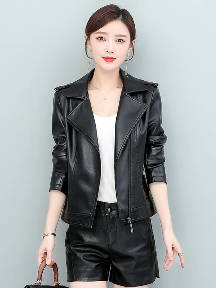 

Spring 2025 Women's ort Leather Jaet Real eepskin Casual Sle Zipper Closure Slim Fit Korean Version Zipper Closure
