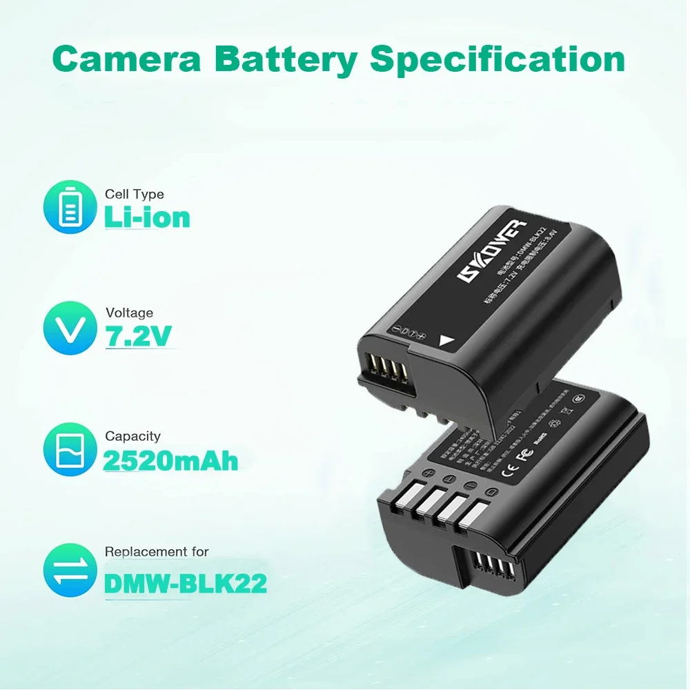 2520mAh DMW-BLK22 Battery for Panasonic Lumix DC-S5 IIX GH5 II GH5S GH6 GH7 S5II S5IIX S5M2 S5M2X GH5M2 S9 G9 II Dual Charger