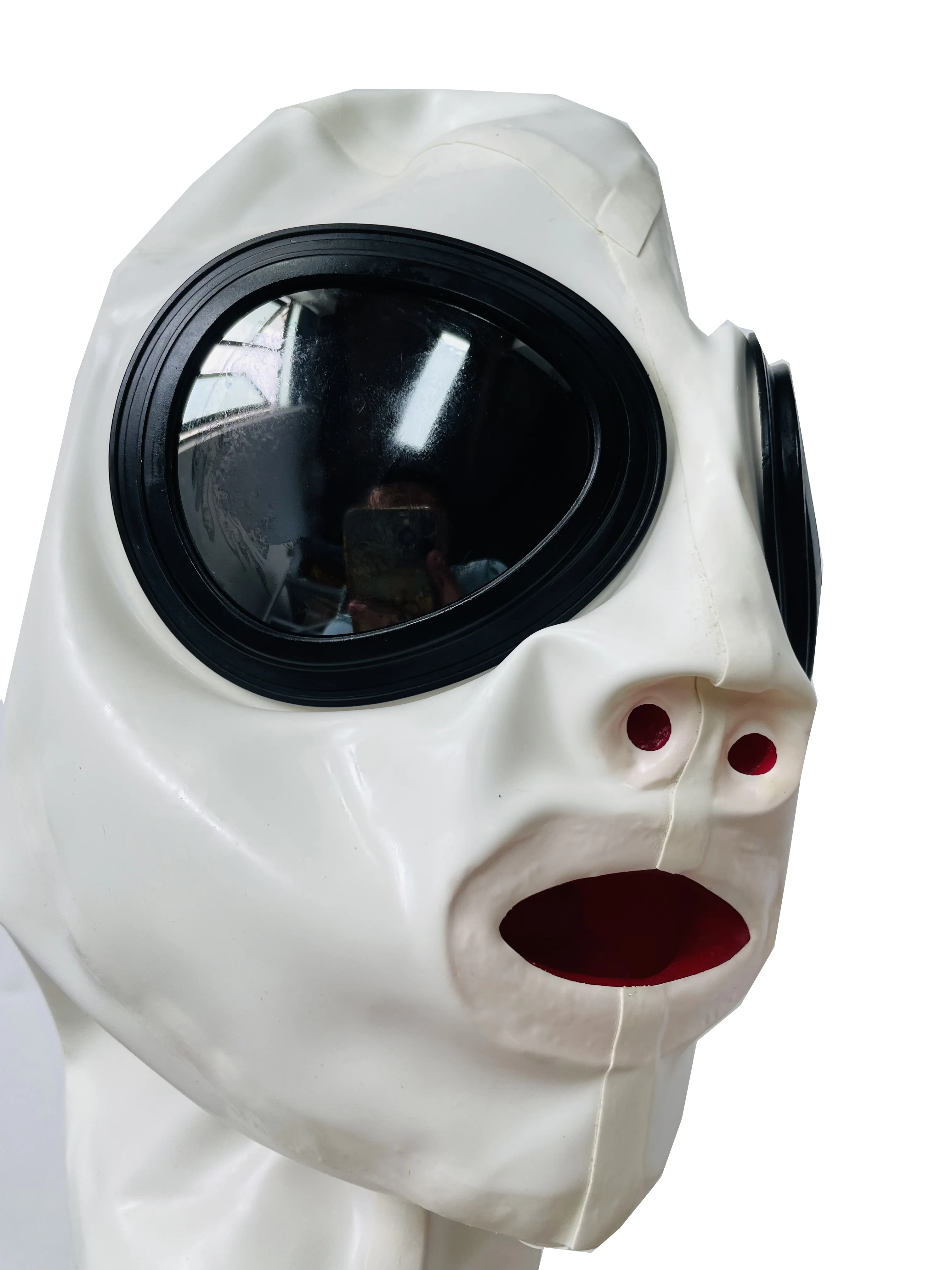 

White LATEX GUMMI MASK WITH EYE GLASS 15cm long nose tube and red teeth