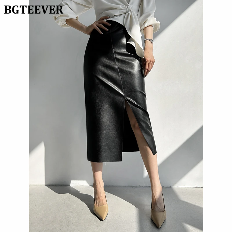 BGTEEVER Spring Slim PU Leather Skirts Ladies Stylish High Waist Skinny Split Package Hip Skirts for Women