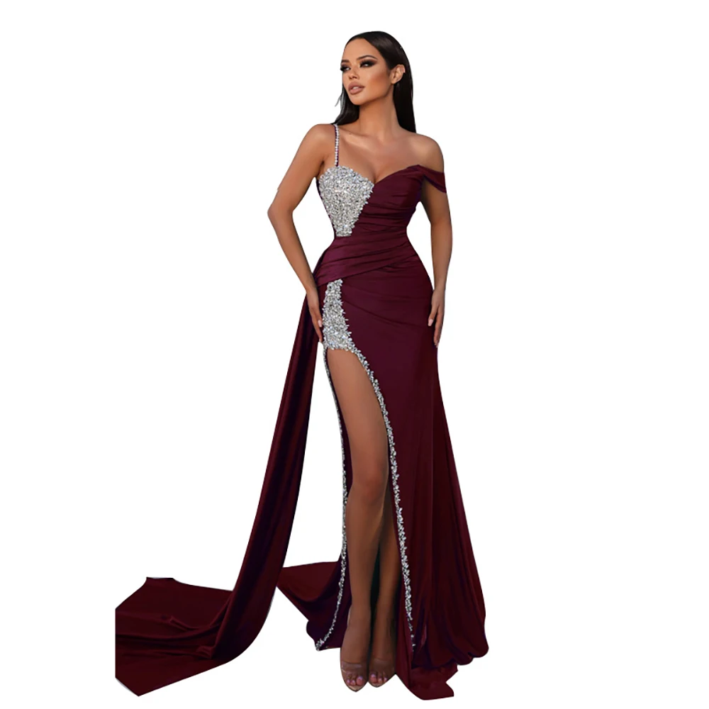 Luxury Long Slit Evening Dress for Women Party European Style Sequins Glitter Body-Con Split Satin Dresses Elegant Formal Gown