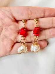 red coral pearl earrings, real pearl earrings, red coral earrings