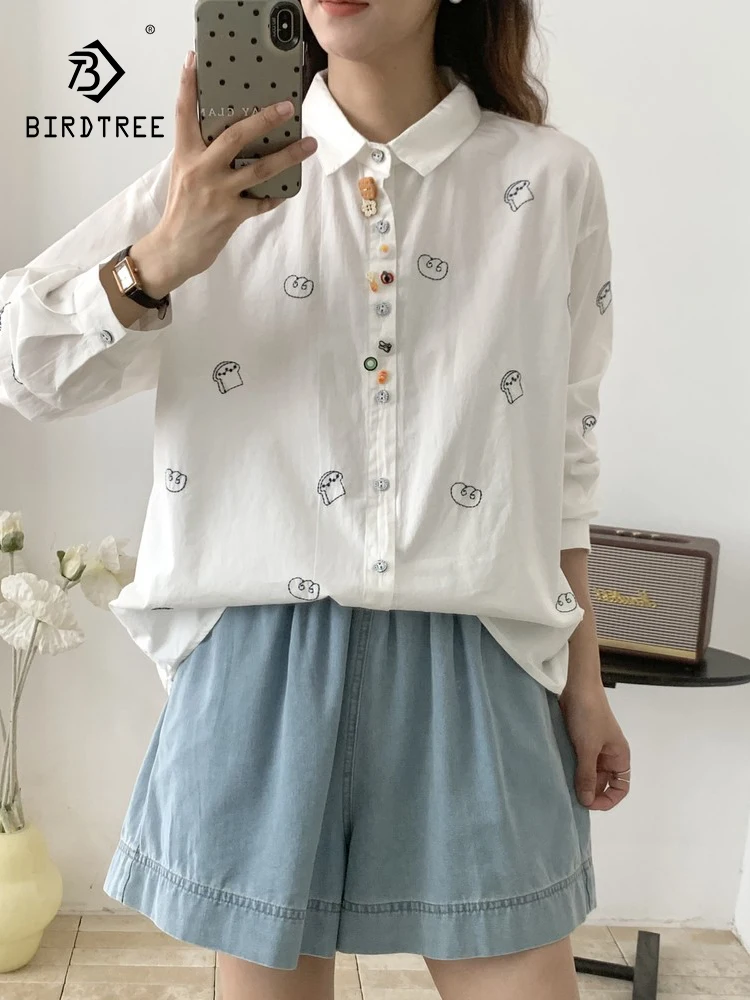 

Новая осенняя хлопковая рубашка с длинными рукавами 2025, женская свободная блузка с отложным воротником и вышивкой, цветные пуговицы Mori Girl T5O679CC