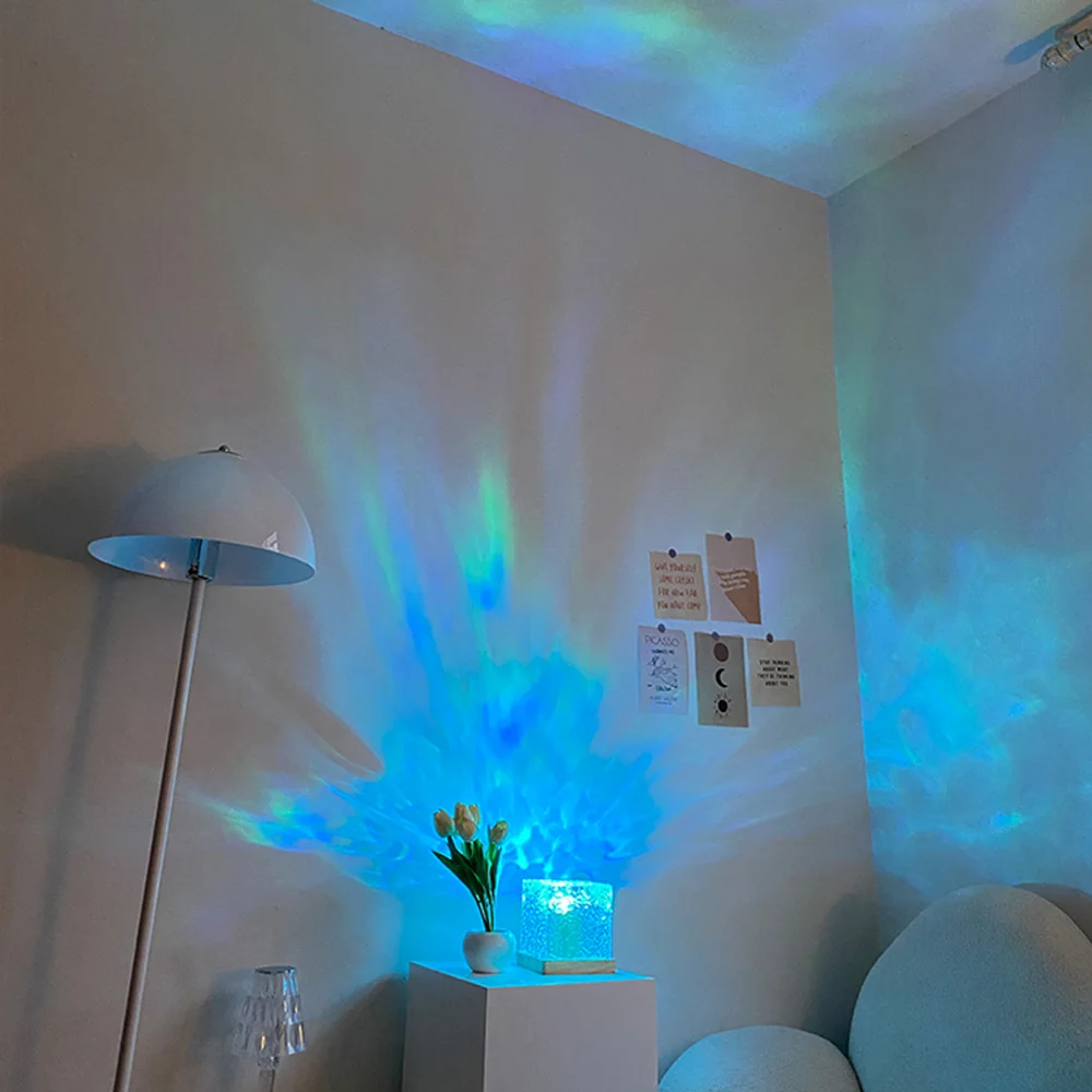 LED Dynamic Water Ripple Projector Night Light 16 Colors Flame Crystal Night Light Lamp for Living Room Bedroom Gift Decoration