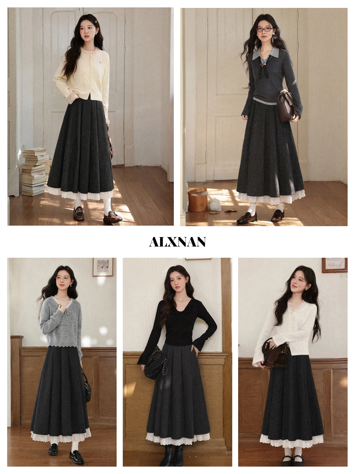 Gray Polka Dot Woolen A-Line Skirt Women's Autumn Winter Lace Long Skirt Commute Simple Style High Waist Daily Wear