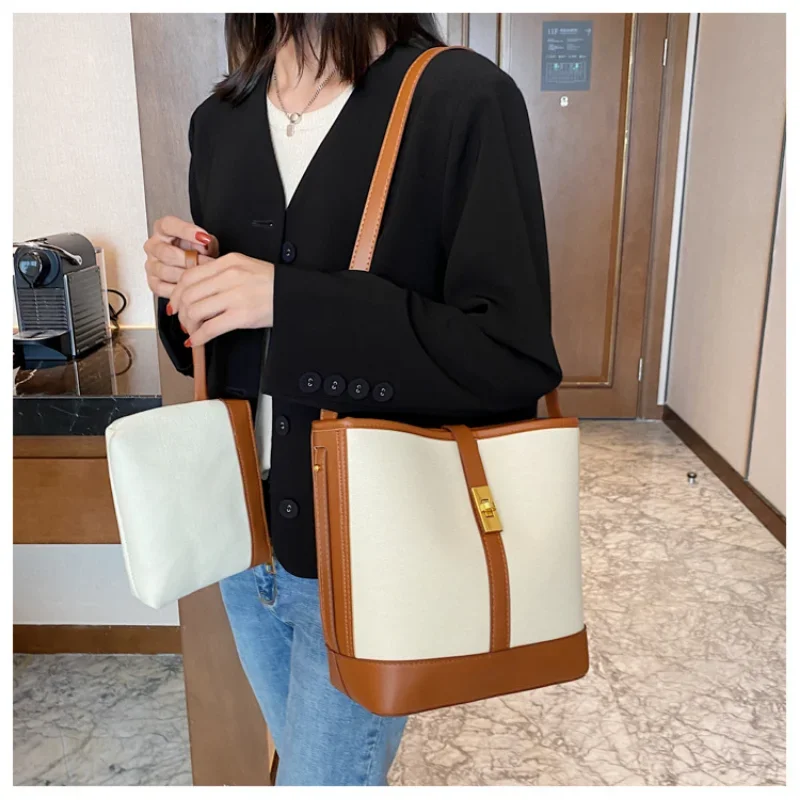 New Contrast Color Canvas Women\'s Tote Bag Large Capacity One Shoulder Crossbody Women\'s Bag Hot Sale