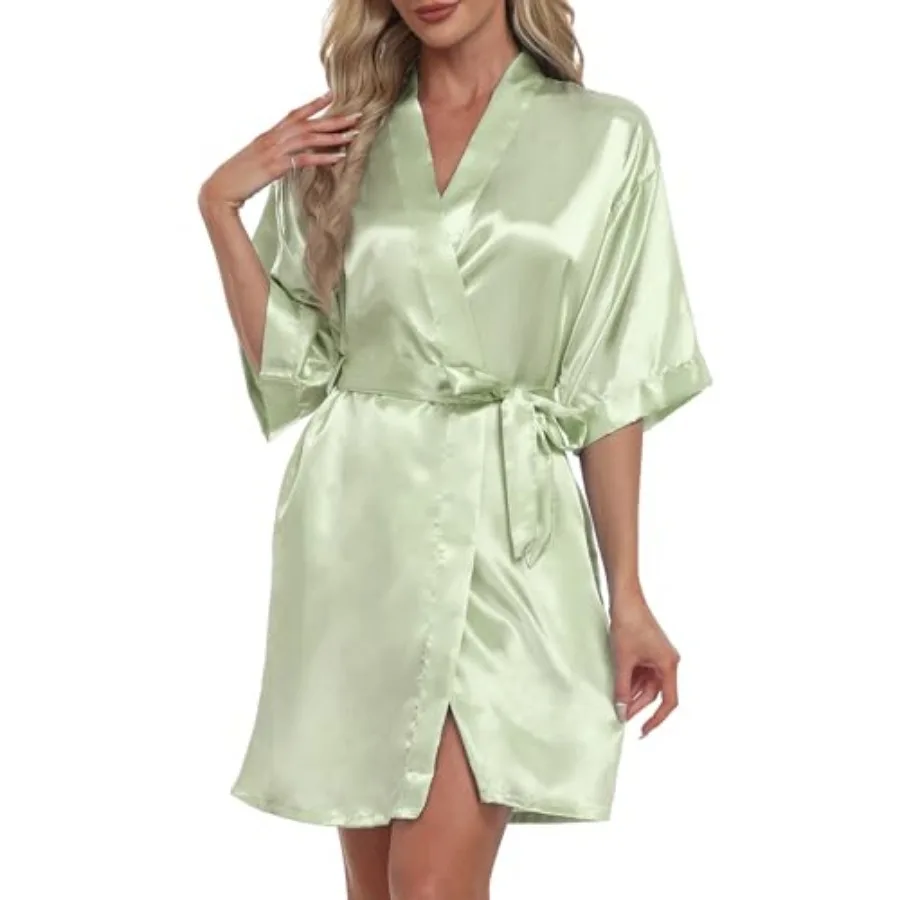Women's Short Robe Silky Satin Pure Color Bathrobe Bridesmaid Bride Party Kimono V-Neck Sleepwear with Pockets