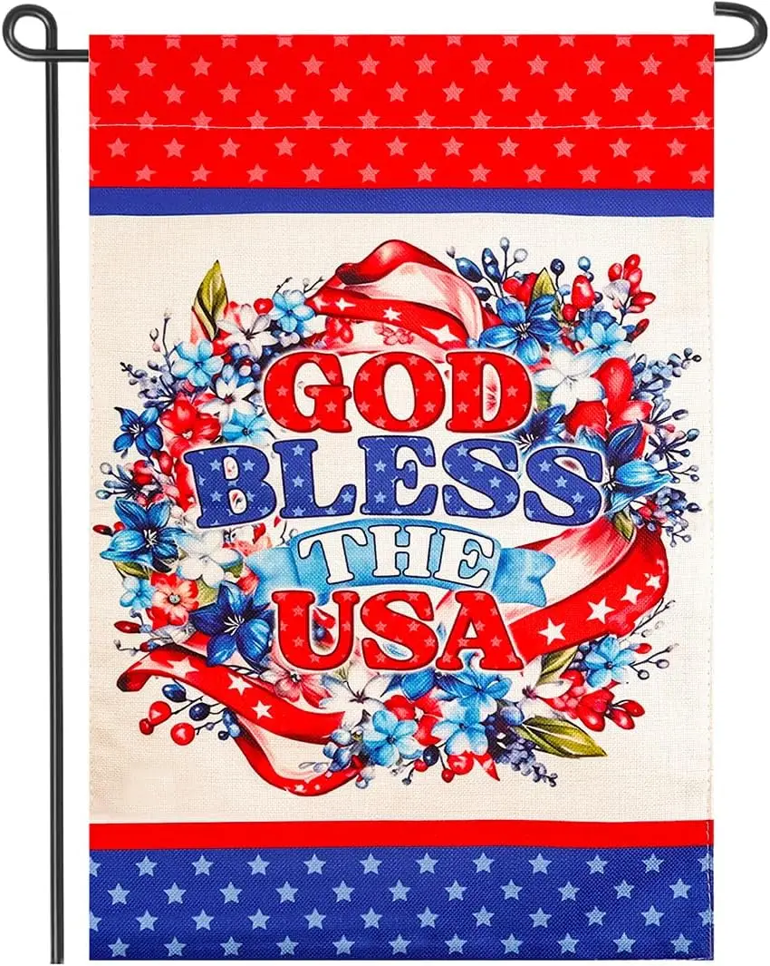 God Bless The USA 4th of July Home Decorative 12x18 Inch Garden Flag, Double Sided for Outside Patriotic Burlap USA Independence