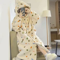 Autumn Winter Fashion Women's Casual Lovely Flower Sweet Girl Warm Soft Sleepwear Loose Pajamas With Pants Flannel Pullover Robe