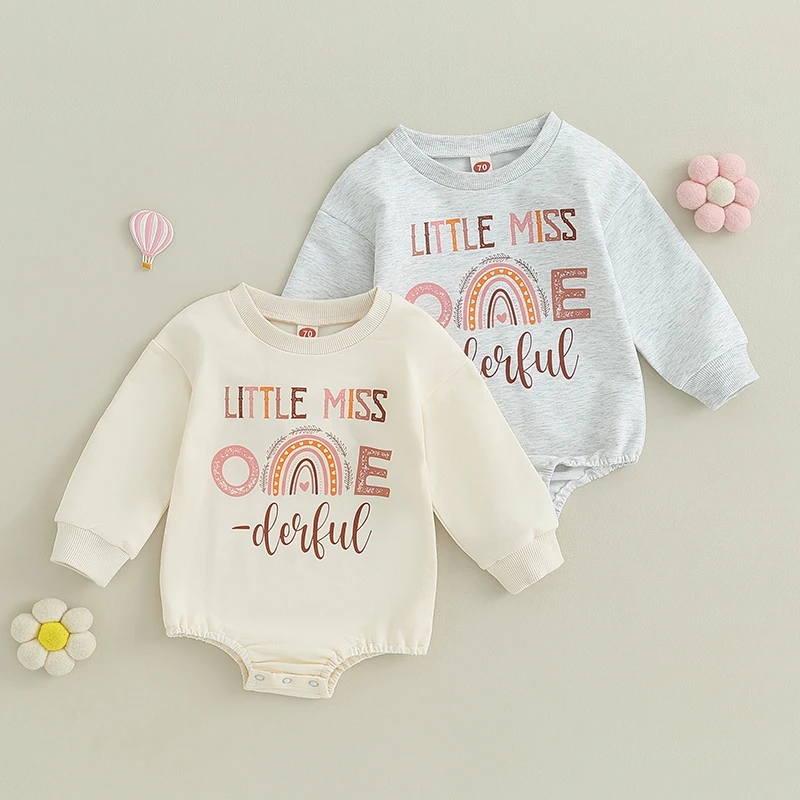 

2023-07-23 Lioraitiin 0-18M Infant Baby Girls Fall Bodysuit Long Sleeve Crew Neck Letters Rainbow Print Birthday Outfit