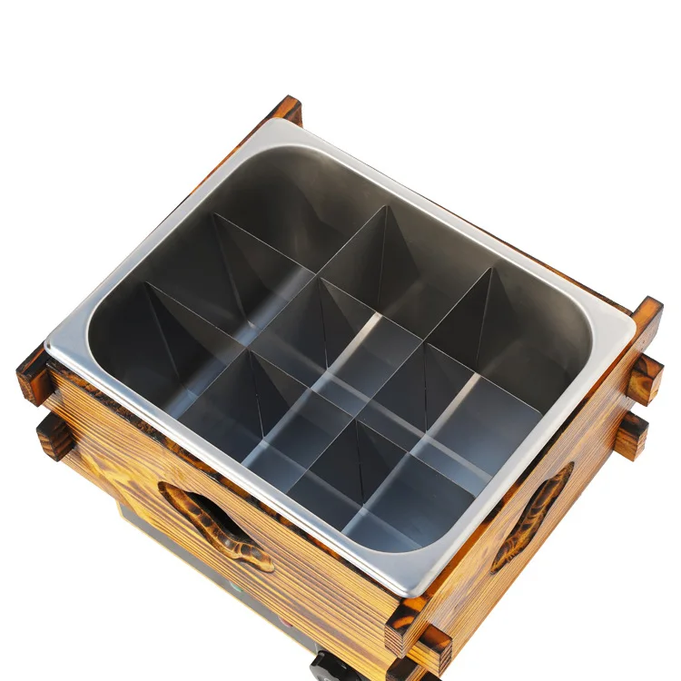 Commercial Electric Hot Pot Machine, Double Basin 18 Compartments, Oden Cooker for Skewers and Spicy Hot Pot, Wooden Box Design