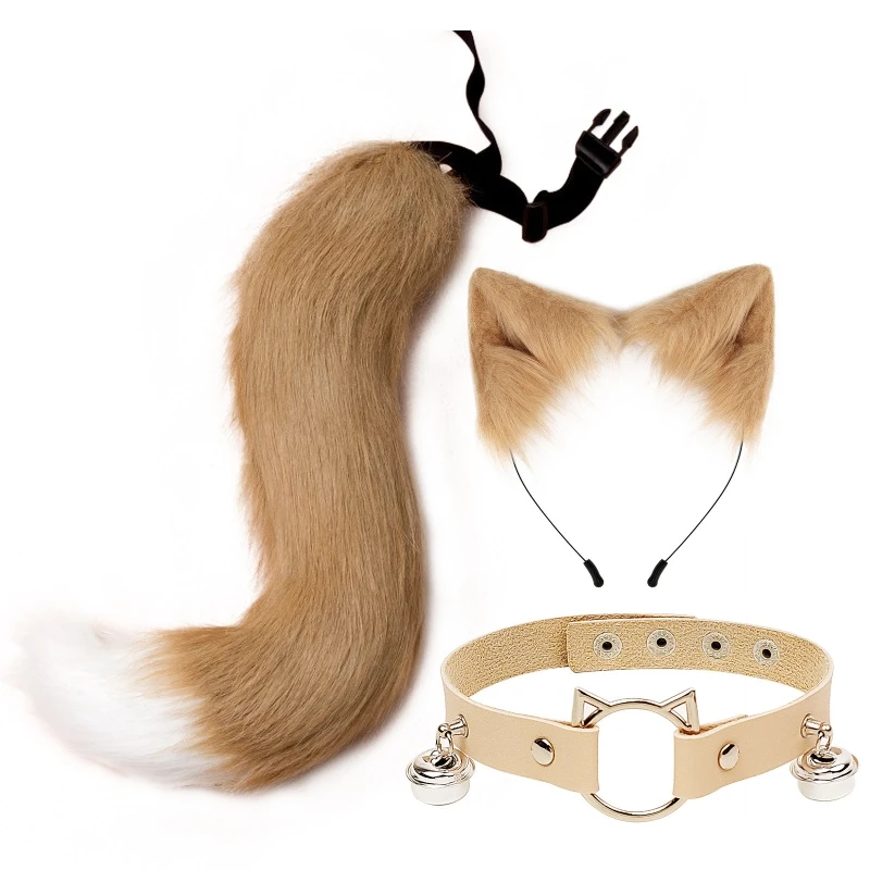 Fluffy Animal Ears Headband Furry for CAT Ears Hair Headwear Hoop Necklace Tail Set Leather Choker for Party Fancy Dres Cosplay