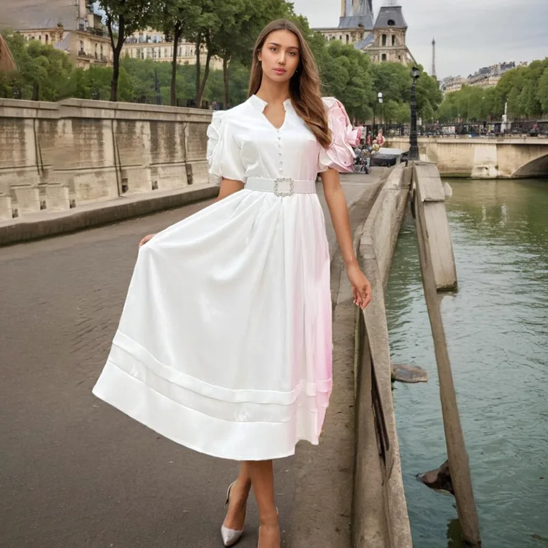

French elegant new fashion splicing flower belt waist thin dress simple temperament versatile high-end holiday style party dress