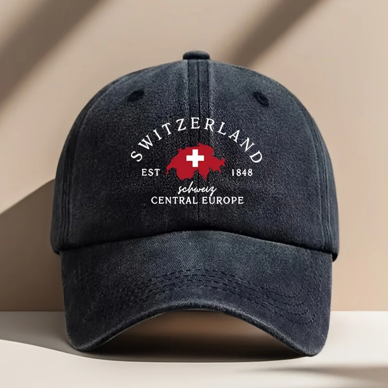 Vintage Men's Swiss National Day Baseball Cap - Dark Blue with Switzerland Geometric Lettering, Perfect for Outdoor Cycling & Fi