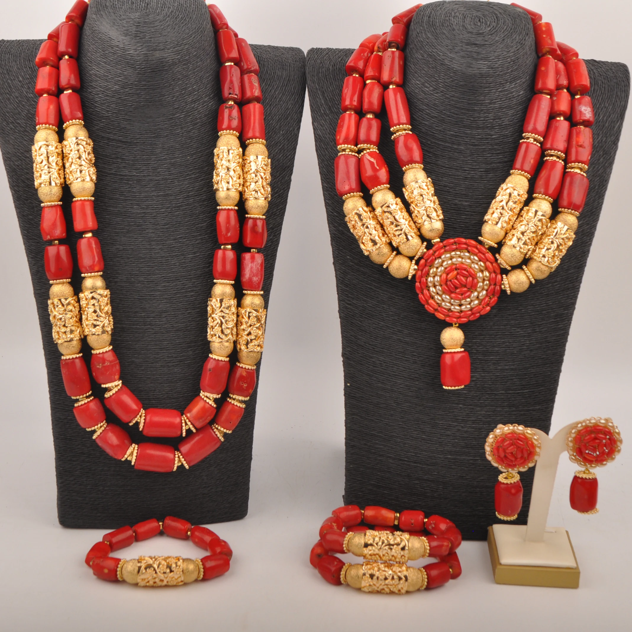 

Nigerian Wedding Couple Jewelry African Red Coral Beads Jewelry Set
