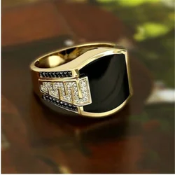 Classic Men's Ring Fashion Metal Gold Color Inlaid Black Stone Zircon Punk Rings for Men Engagement Wedding Luxury Jewelry