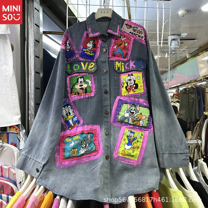 

Женская джинсовая куртка Disney с граффити, ручная роспись, 2021, свободная рубашка среднего и длинного топа с мультяшной маркировкой