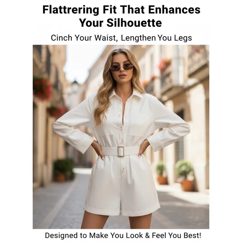 

Fashion White Long Sleeve Jumpsuit For Women's Fall Winter Outfit Belted Waist Wide Leg Style Elegant Look For Daily Streetwear