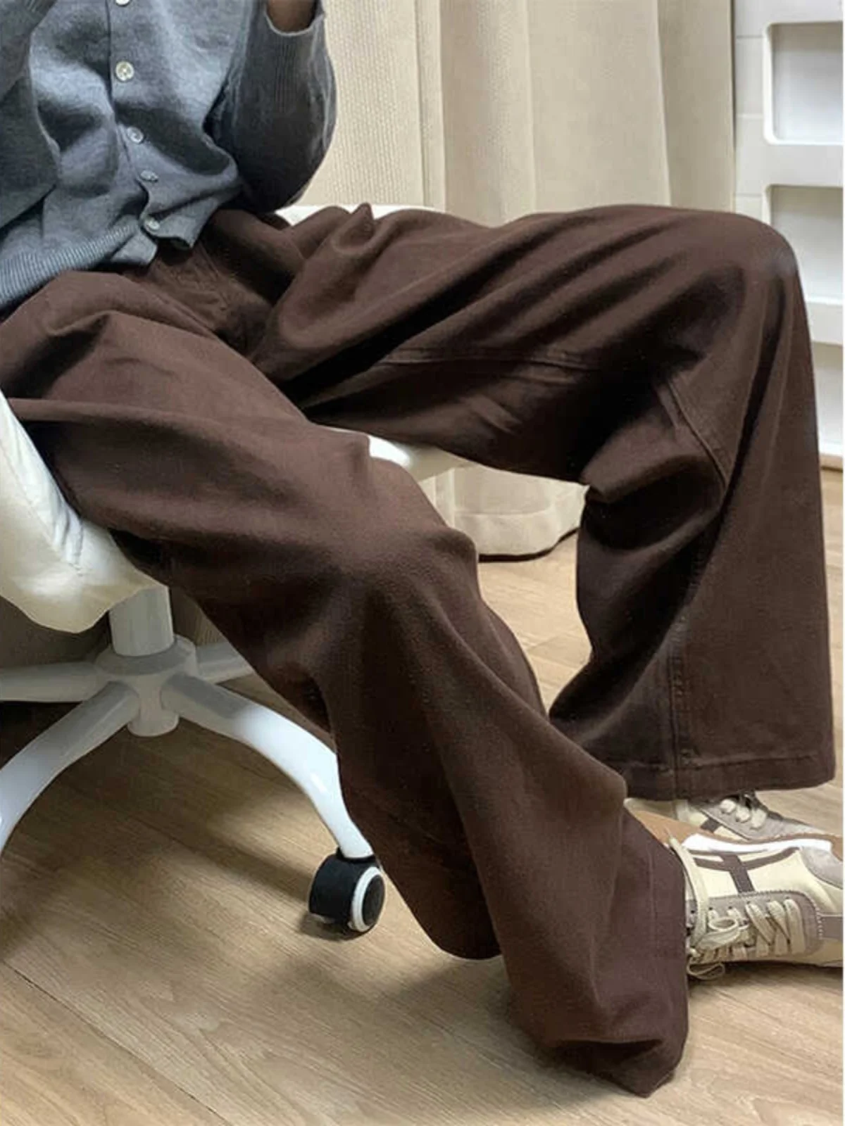 

plus Size Deep Coffee Color Denim Pants Women's High Waist Wide Leg Pants Pear ape Body Slimming Trousers Autumn Season