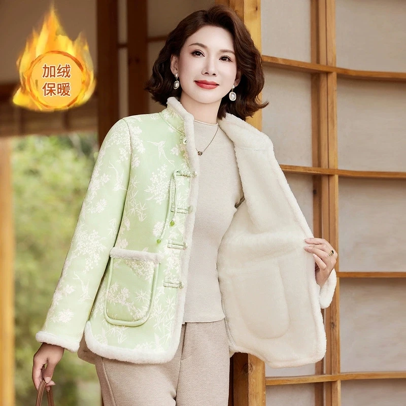 2025 المرأة النمط الصيني طباعة سترة قطن مبطنة بالصوف سميكة الدافئة طويلة الأكمام معطف الشتاء المألوف الأم أبلى 2025