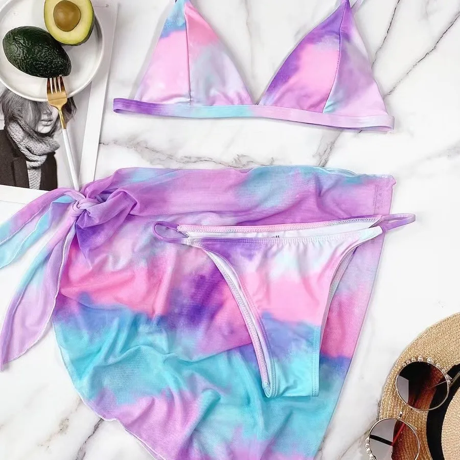 Tops de Bikini bonitos, trajes de baño para mujer, Bikini, falda estilo malla, cintura alta para mujer, tres piezas con estampado Tie-Dye dividido