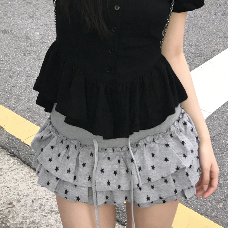 Japanischer Casual Mini-Rock im High-Street-Stil, Y2K Sommer Süßes Mädchen Einfacher Rock mit Kordelzug, Sterne-Punkt-Kawaii-Ins-Joker-Kuchenrock