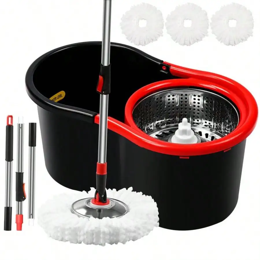 

360° Spin Mop & Bucket Wringer Set - 3 Microfiber Refills + 61" Extended Handle for Floor Cleaning