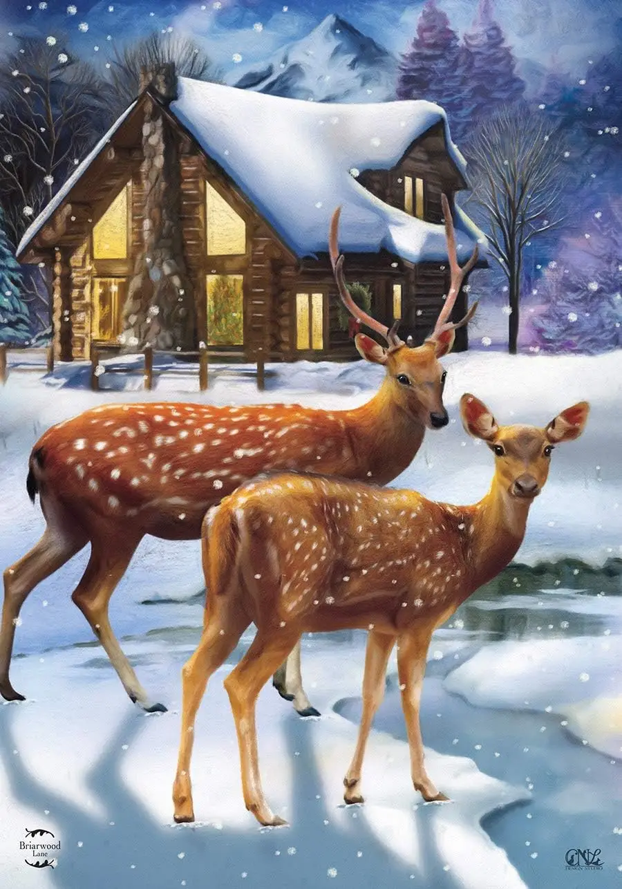 Winter Cabin Deer Garden Flag Snowy Scene 12.5