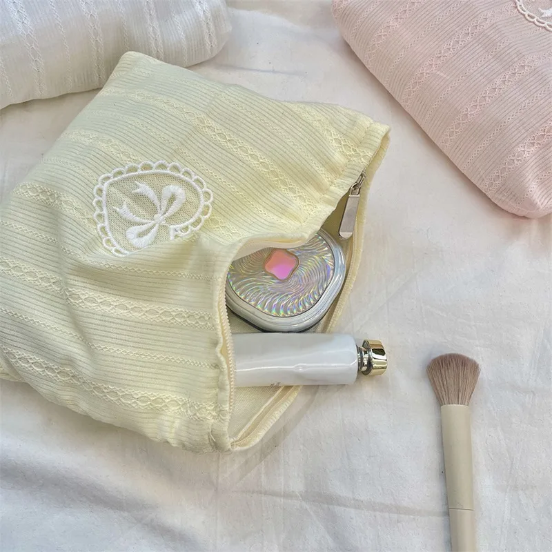 

Beautiful INS Simplicity Cosmetic Bag Sweet Embroidery Bow Striped Makeup Case Portable Travel Earphone Cable Storage Bags