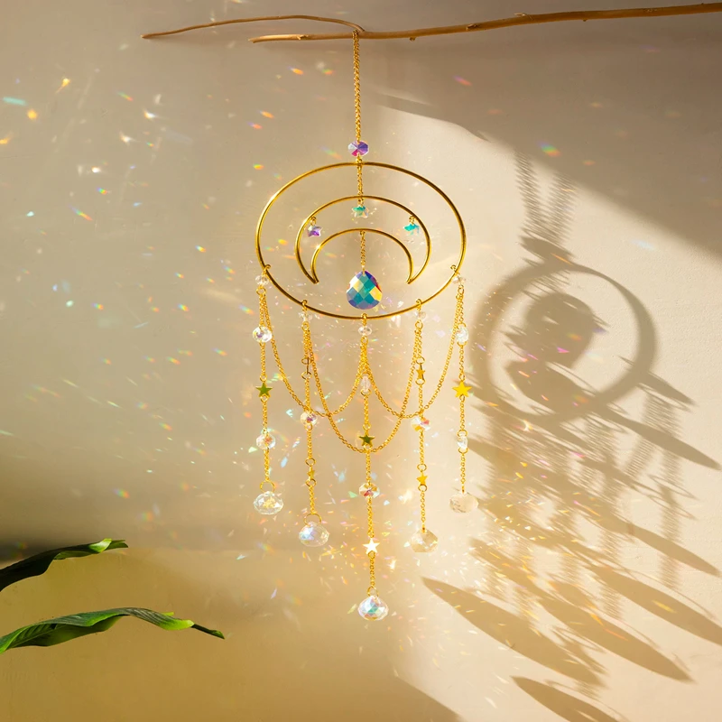 

Crystal Moon Hanging Stained Suncatcher Glass Crystal Prism Boho Home Decoration Chandelier Crystal Garden Decoration Outdoor