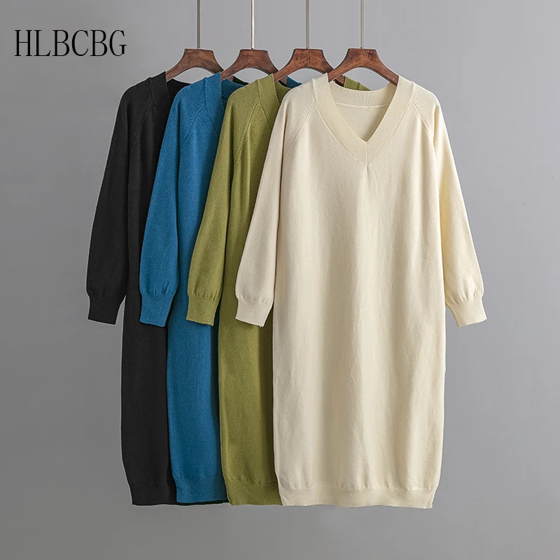 HLBCBG Autumn Winter wool V-NECK Long straight sweater Dress Women Casual oversize Sweater Dresses Maix Thick Basic Knit Dress