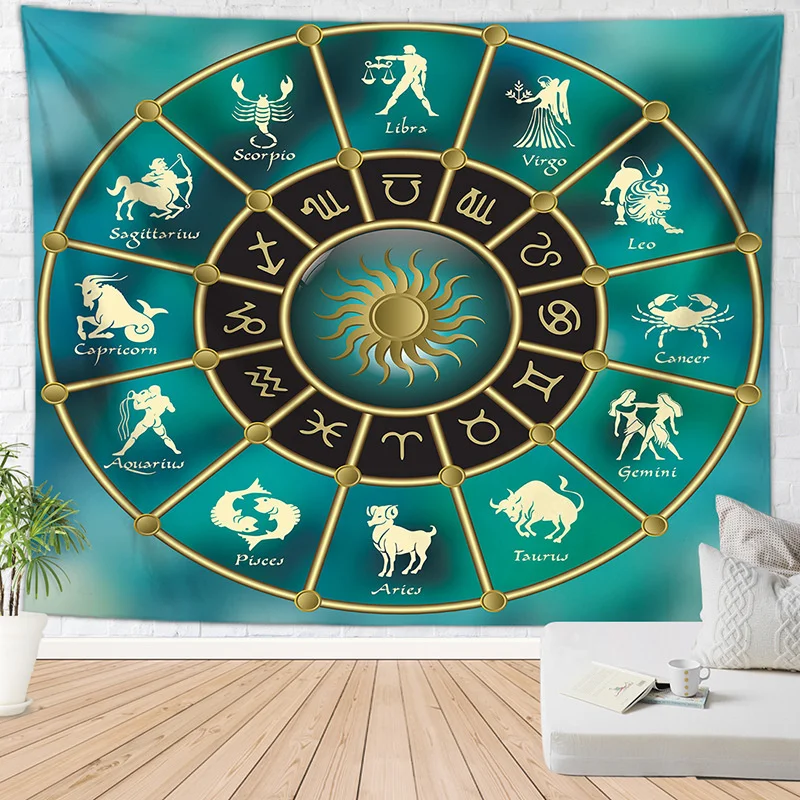 Green Tarot Ritual Divination Tapestry Occult Astrology Wall Hanging Wheel of The Zodiac Astrology Sun Moon Room Decor Art Cloth