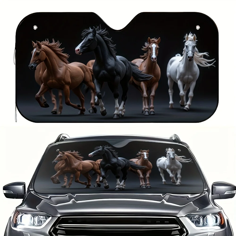 

1pc Cool Horse Car Sun Visor - Retro Chrome-Accented Sun Shield With Galloping Horses Design, Ly Adjustable For Classic Cars, SU