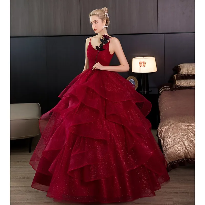 Robe de Quinceanera à bretelles spaghetti rouge vin, robe de Rhà col en V, robe de soirée personnalisée, nouveau, 2024