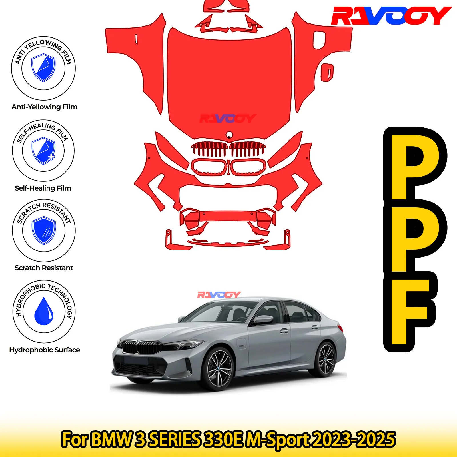 

For BMW 3 SERIES 330E M-Sport 2023-2025 Glossy Matte Black Precut front PPF Kit Paint Protection Film
