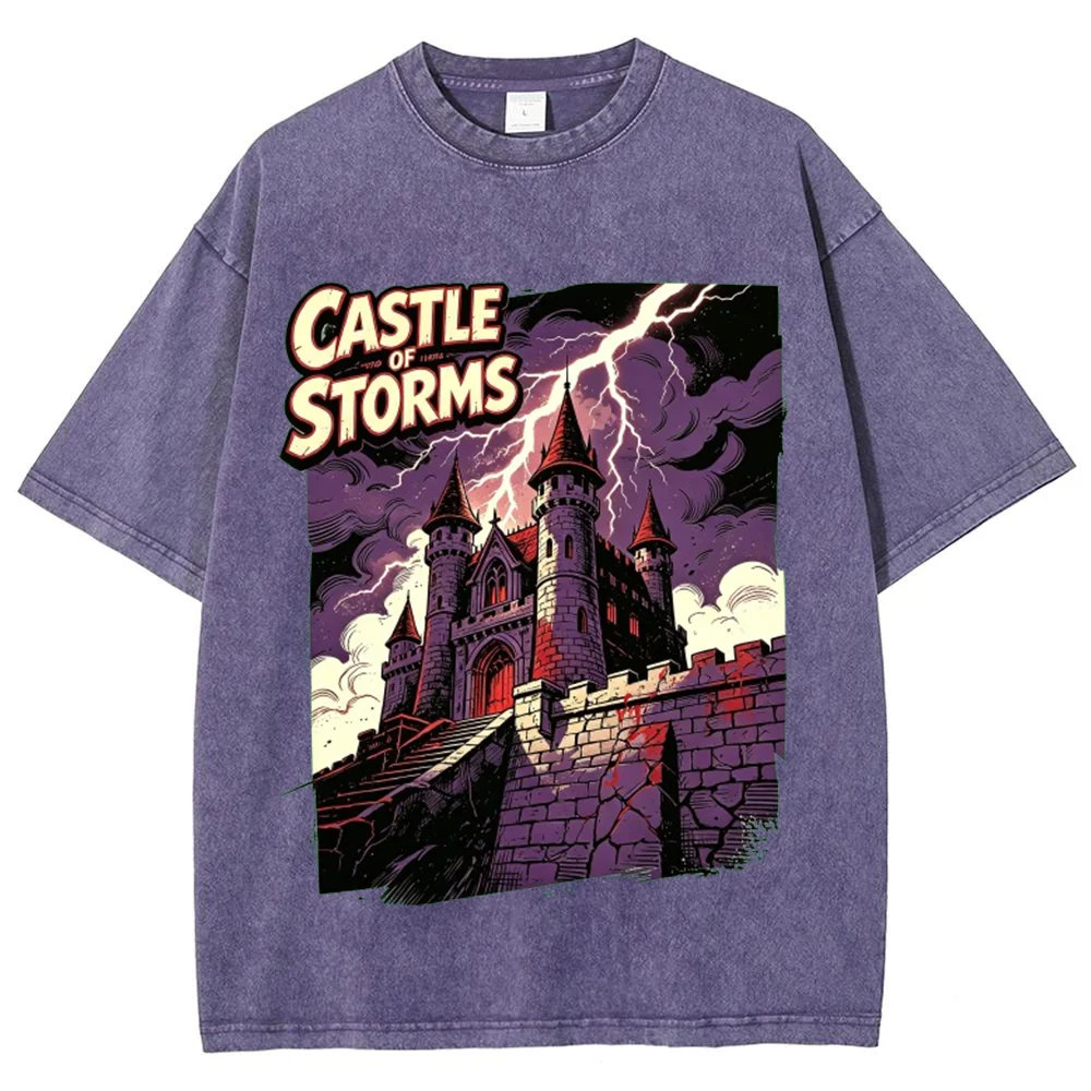 Women Vintage Gothic Graphic T Shirt Castle Of Storms Lightning Castle Print Casual Streetwear Short Sleeve Top