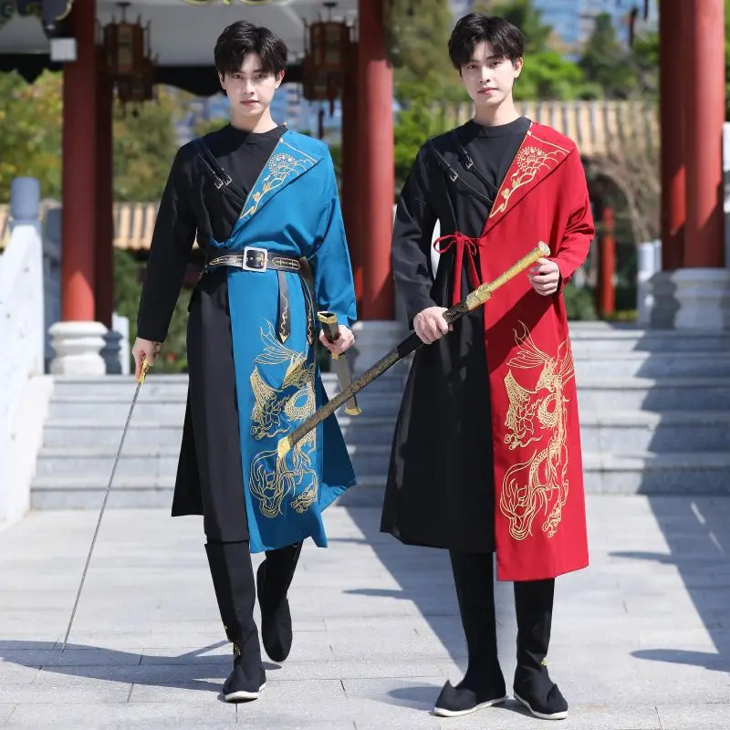 Blue Hanfu for male embroidery long sleeve Chinese style students daily performance class clothing Chines traditional dress